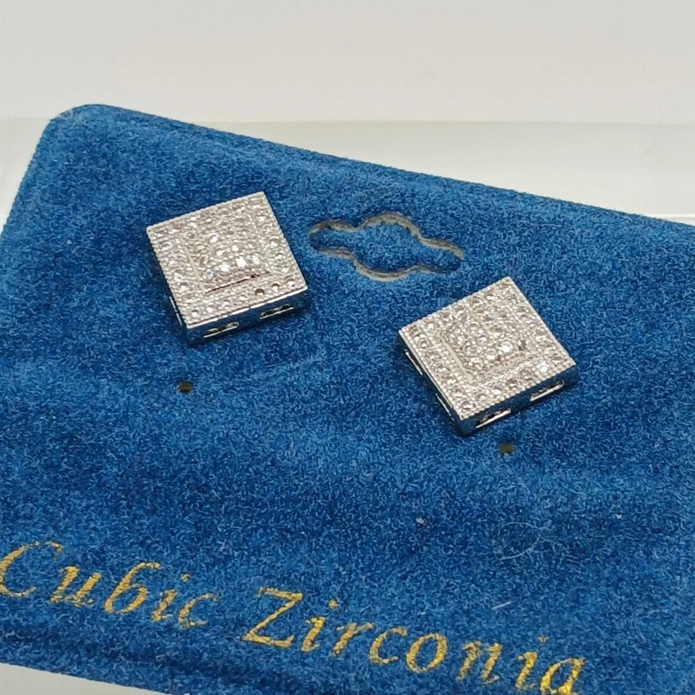Vintage 1990s Square Micro Pave Cubic Zirconia Stud Earrings Silver‎ Tone Rare